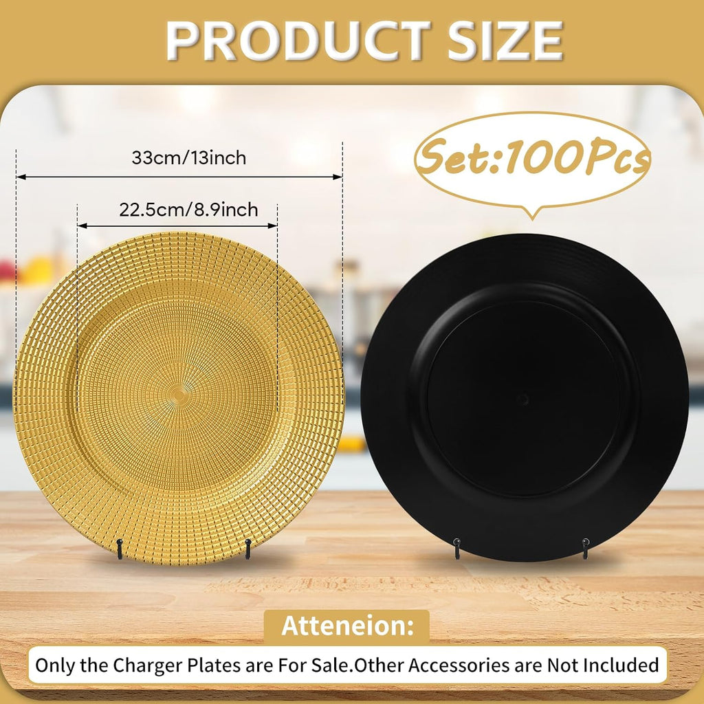 Gold Charger Plates Bulk, 13" Reusable Reef Serving Gold Chargers for Dinner Plates , Round Plastic Shiny - Set of 100