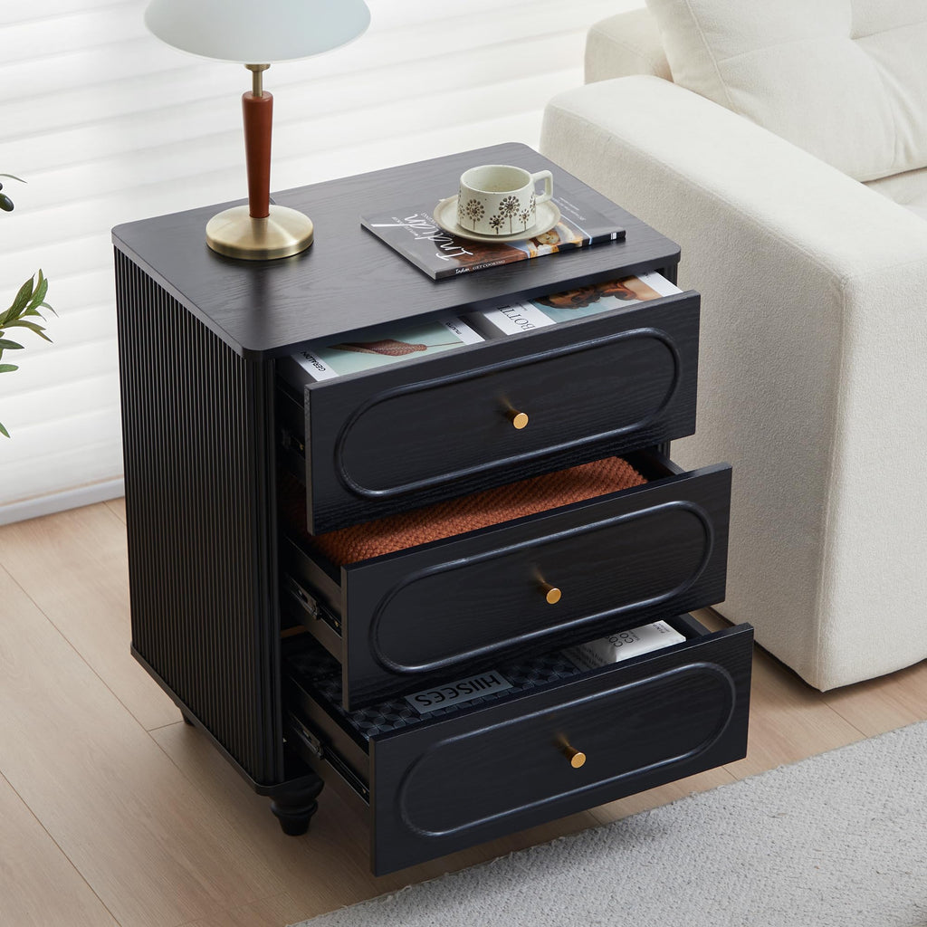 Fluted 3 Drawer Dresser, Modern Mid Century Chest of Drawers, Wood Storage Small Dresser Organizer Living Room
