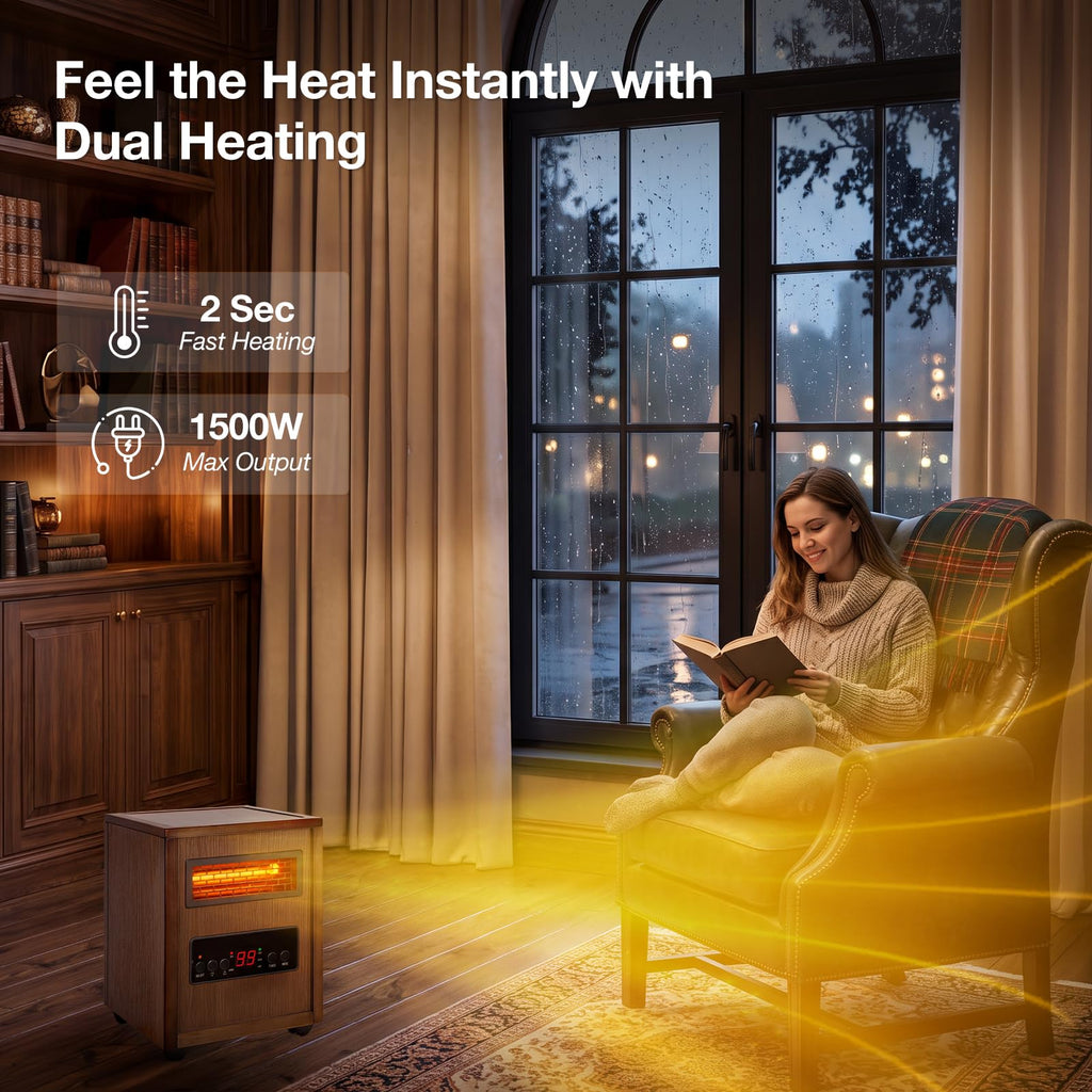 1500W Infrared Dual Heating Space Heater with Remote Control, 3 Heat Modes, Timer, Portable Electric Room Heater with