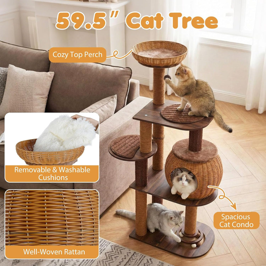 59.5-inch Tall Rattan Cat Tree, Multi-Level Modern Wooden Cat Tower