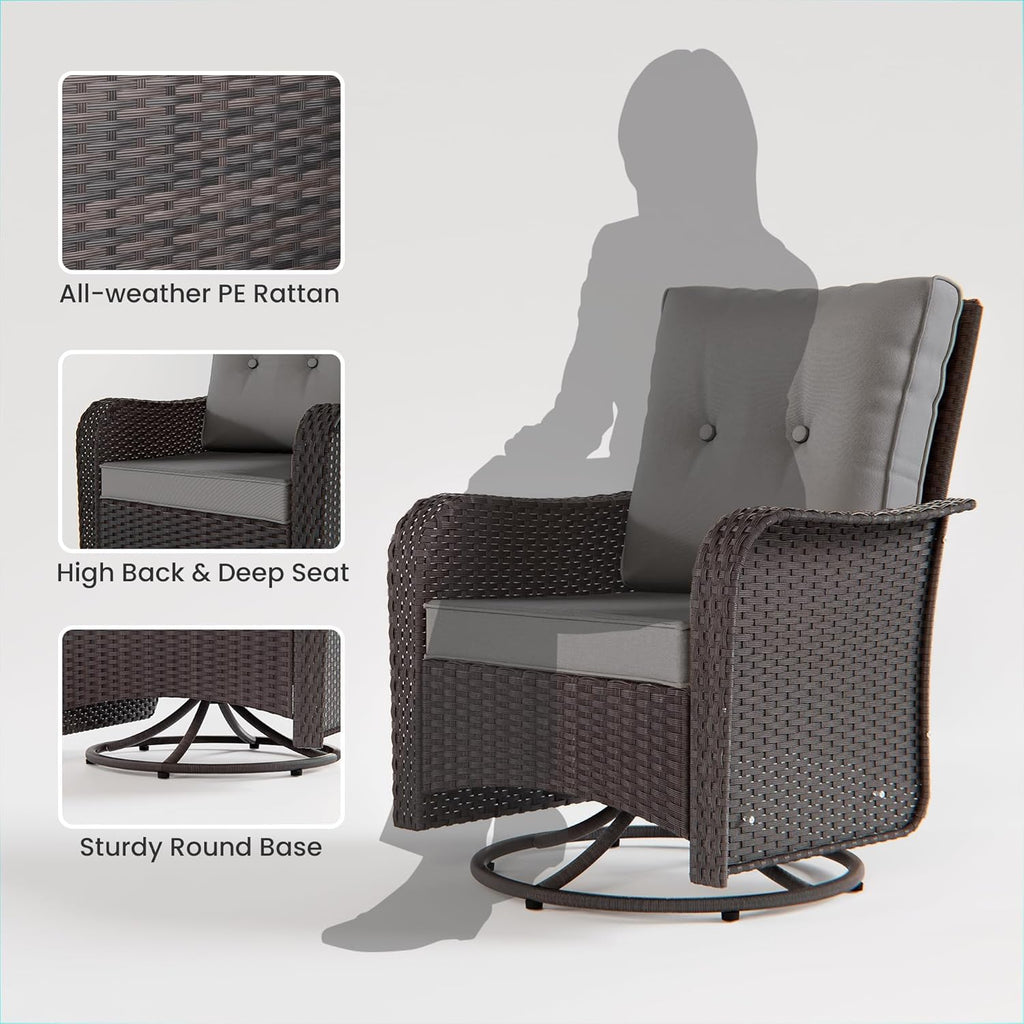 3 Piece Wicker Swivel Rocking Chair Set, Outdoor Patio Glider Chair with Glass Top Coffee Table, Conversation