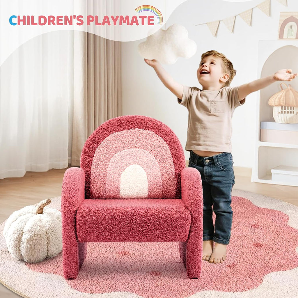 Kids Sofa, Toddler Armchair with Full Teddy Fleece Coverage, Ultra-Soft & Plush, Sturdy Base for Boys and Girls, Red