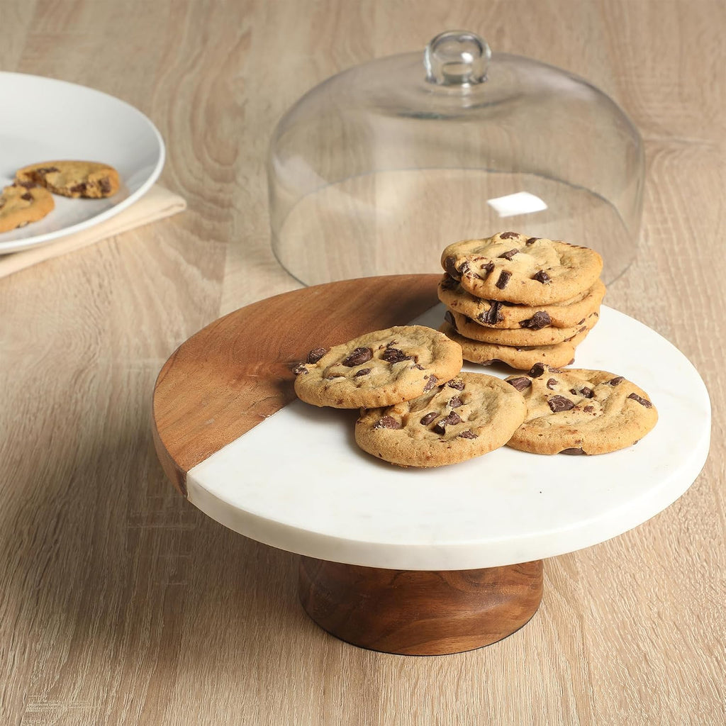 Ridgehaven 10" Marble & Wood Cake Stand, Serving Platter, Charcuterie Board, and Center Piece Home Décor With Glass