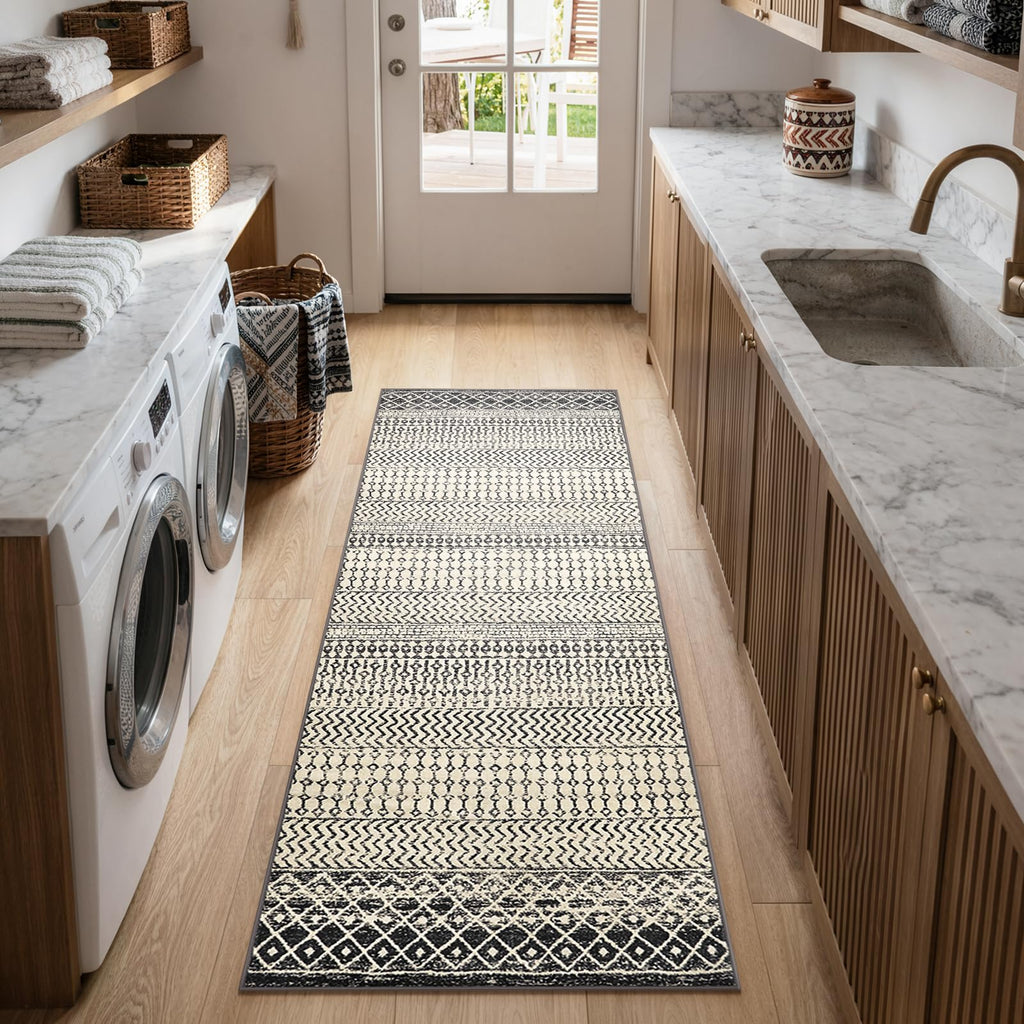 Black Boho Washable Kitchen Runner Rugs Non Skid Washable 6Ft
