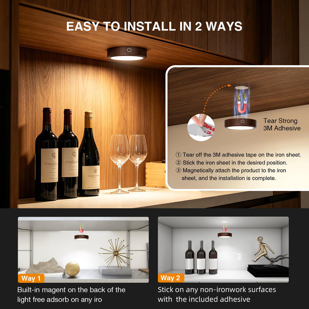 Puck Lights with Remote Control Rechargeable, Full-Screen Wireless LED Under Cabinet Lighting with Light Guide
