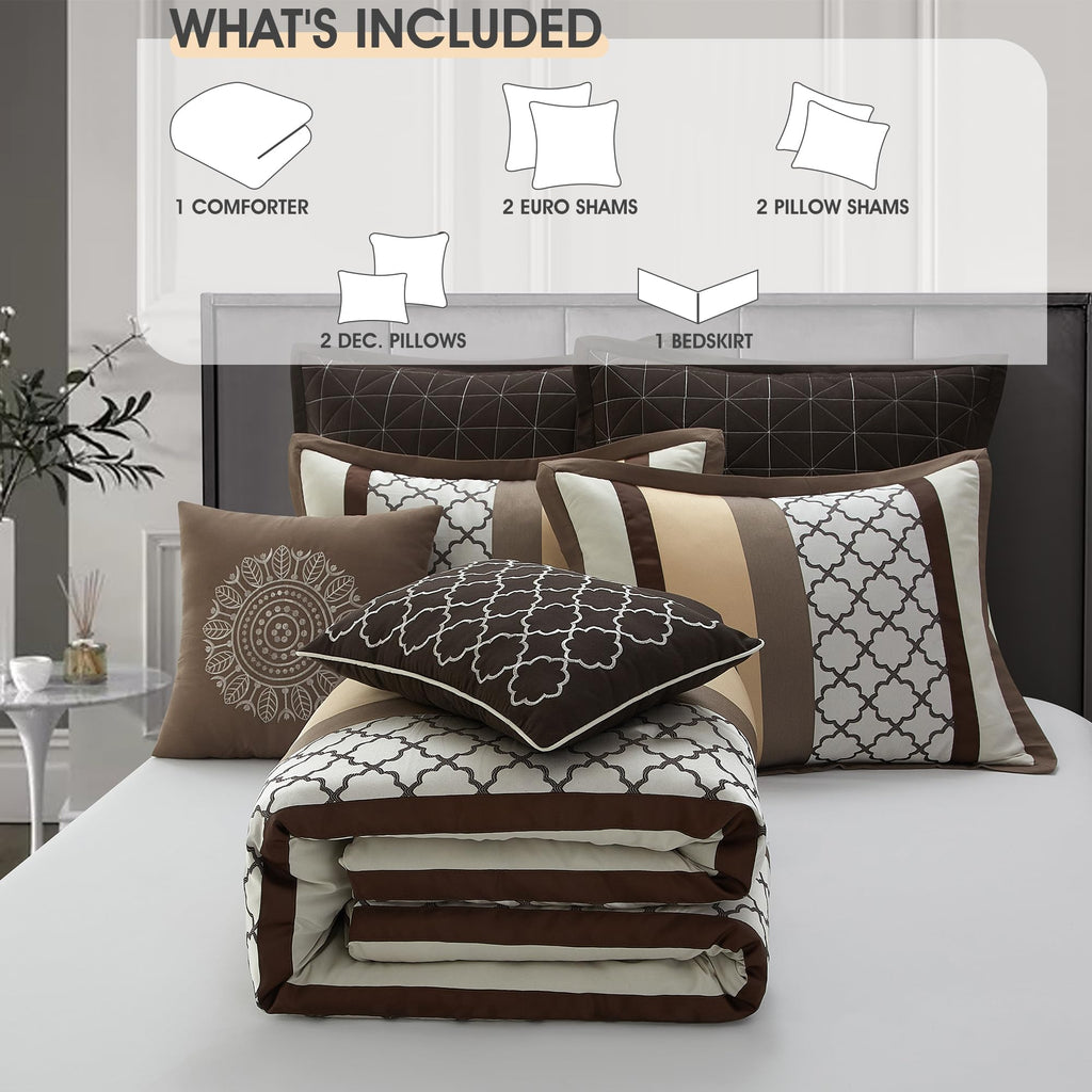 King Comforter Set, Brown Bedding Set, Jacquard Woven with Embroidery, 8 Pieces Bed in a Bag, Bed Skirt, Shams and