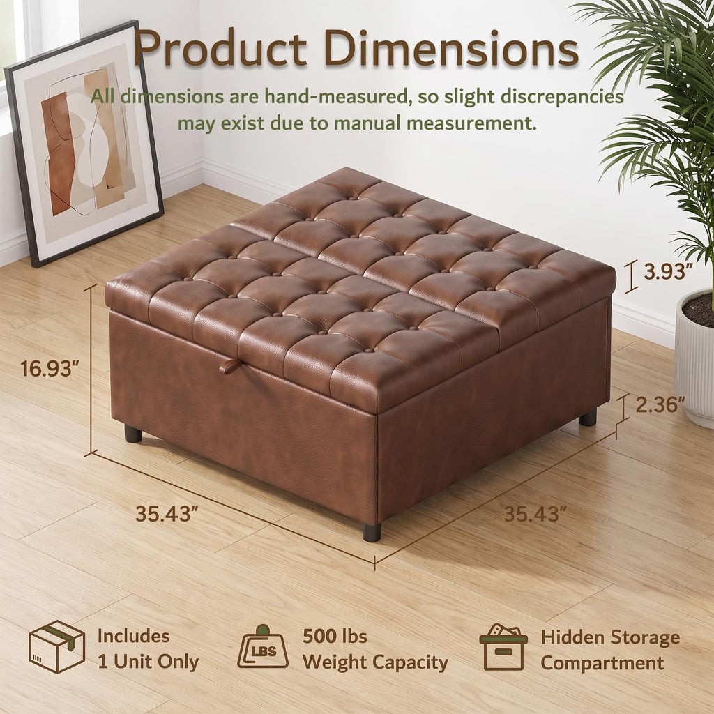 36 Inch Extra Large Brown Leather Lift Top Living Room Storage Ottoman
