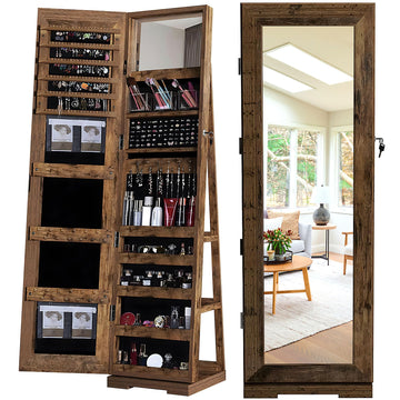 Lockable Floor Standing Wooden Jewelry Armoire with Full Length Mirror 360°Rotatable Jewelry Organizer Cabinet