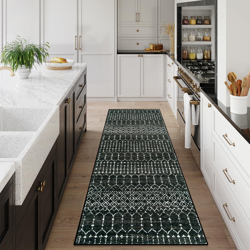 Moroccan Runner Rugs, Long Kitchen Rugs Runner Washable Ultra-Thin Non Slip Carpet, Soft Modern Geometric Print