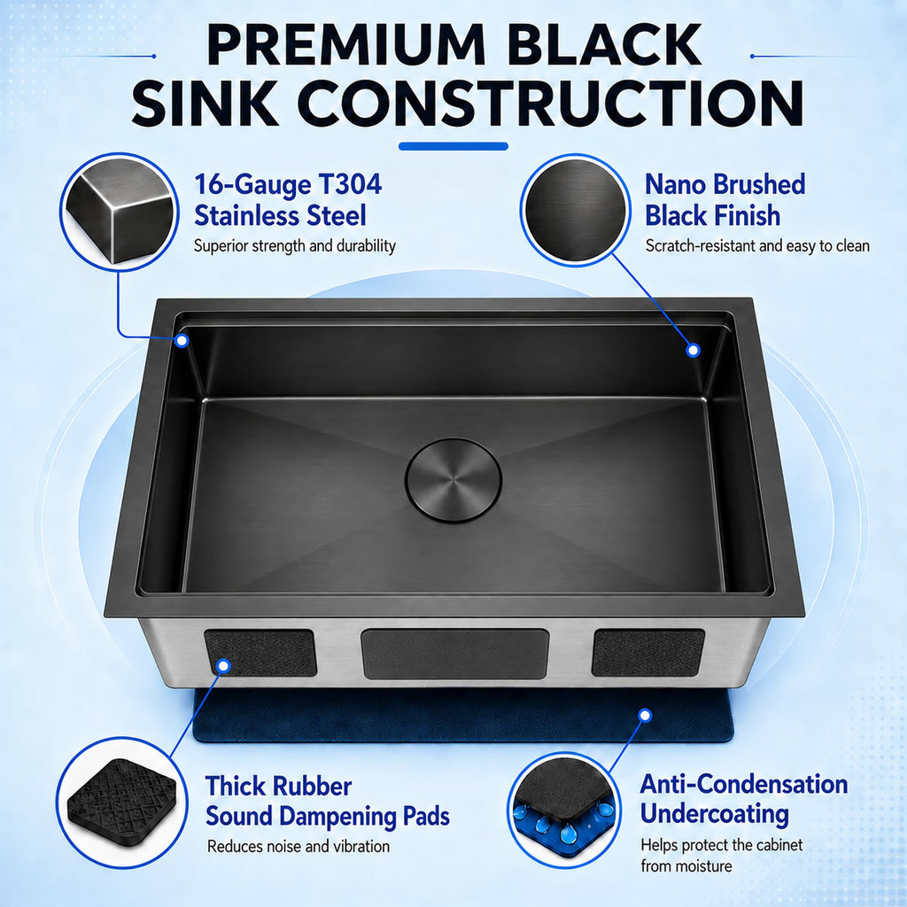 Black Undermount Kitchen Sink, 27 inch Workstation Kitchen Sink