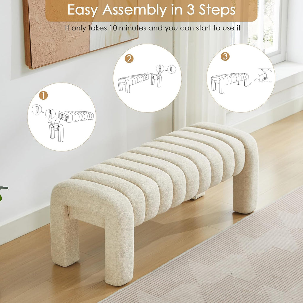 43" End of Bed Bench, Linen Beige | Channel Tufted Upholstered, Entryway Bench, Modern Window Seat, Minimalist