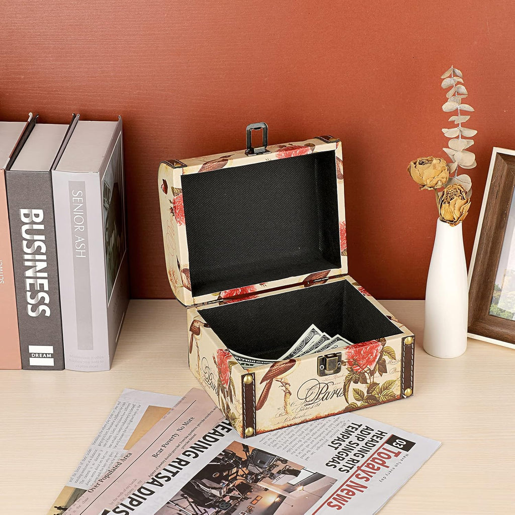 Decorative Treasure Chest Box, Wooden + PU Leather Storage Box for Jewelry Trinkets, Keepsakes box for Girls Women