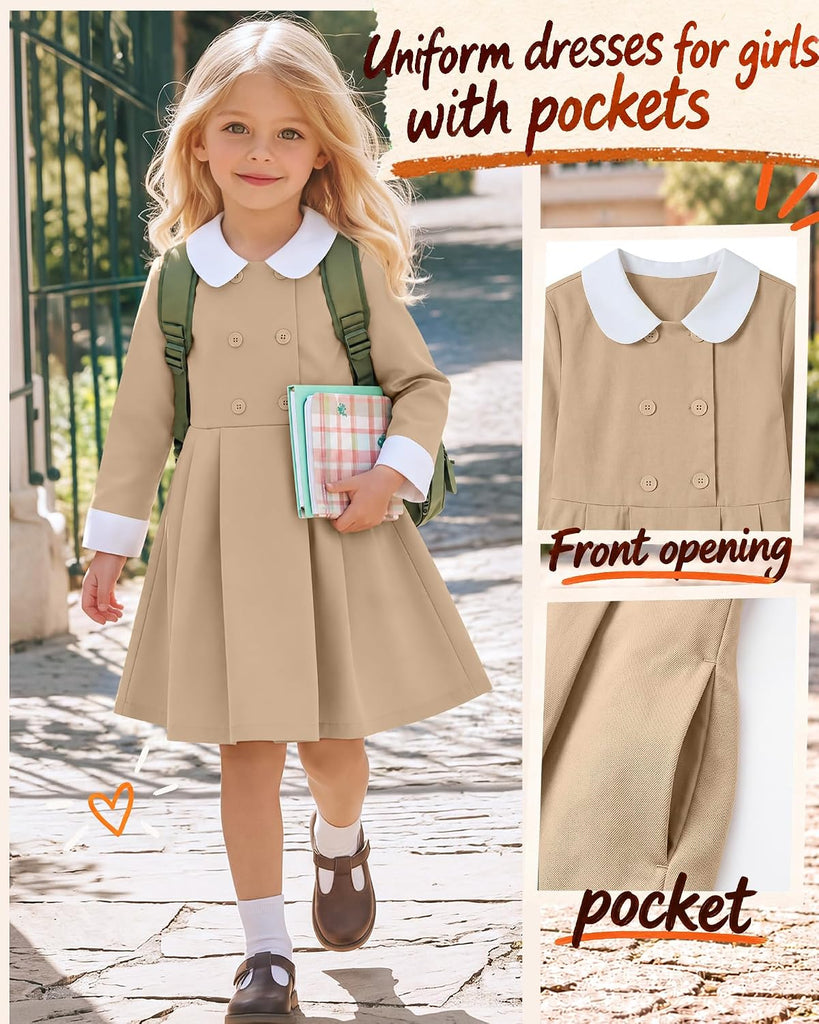 Girls' Long Sleeve School Uniform Pleated Dress