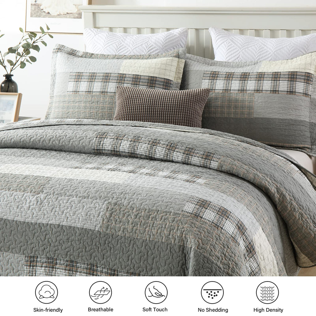 Quilt - 100% Cotton Grey Quilt Farmhouse Plaid Quilted Bedspread, 3 Pieces Lightweight Reversible