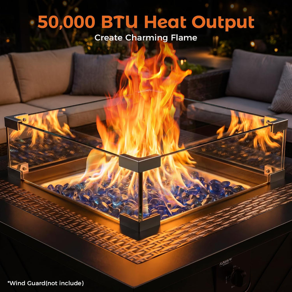 Gas FirePit Table | 28 inch 50,000 BTU Square Outdoor Propane Fire Pit Table with Lid and Blue Fire Glass