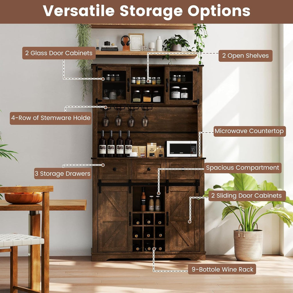 Farmhouse Coffee Bar Cabinet with Storage, Kitchen Buffet Hutch with Wine Rack & Sliding Barn Doors & Glass Doors