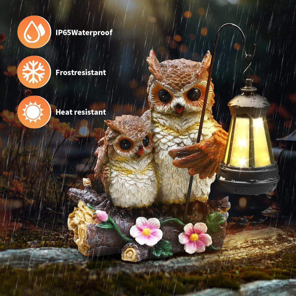 Garden Owls Statue with Solar LED Lantern, Wisdom Statue Gift for dad Yard Art, Whimsical Figurine Sculpture Lighted