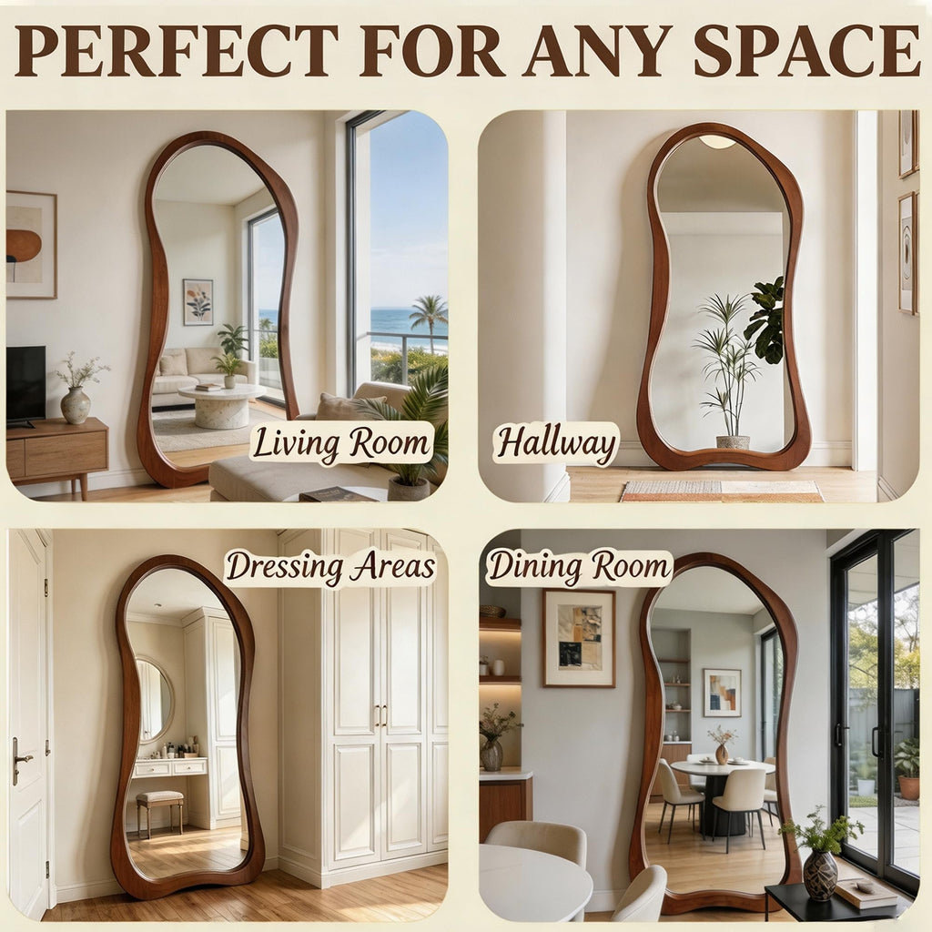 Irregular Full Length Mirror, 67"x31.5" Solid Wood Floor Mirror