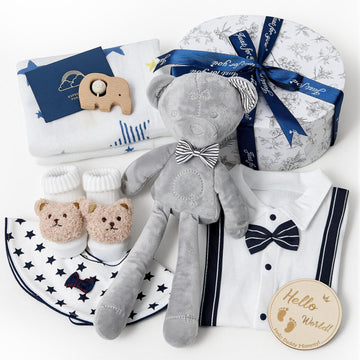 Baby Shower Gifts for Boys, 9PCS Baby Boy Gifts Baskets with Plush Bear/Blanket/Onesie/Wooden Rattle, Newborn
