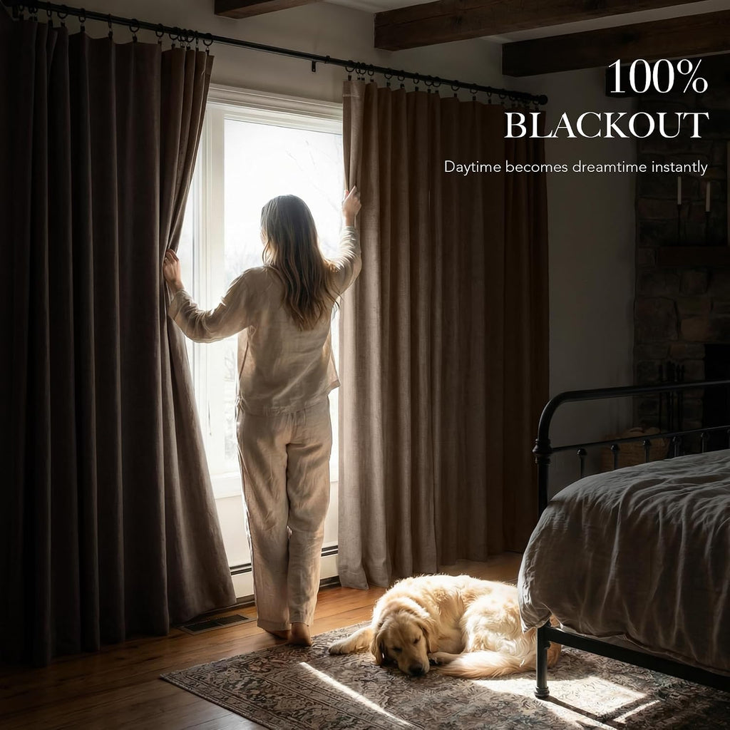 100% Blackout Linen Textured Curtains 108 inches Long, Thermal Insulating Privacy Energy Saving for Bedroom Living