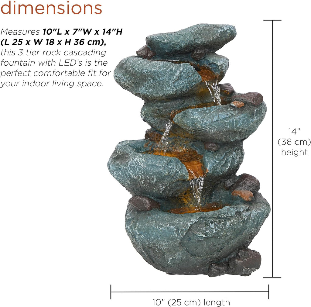 14" 3 Tier Rock Fountain with LED Lights, Elegant Cascading Water Feature for Tabletop, Indoor Decor, Relaxing Stone