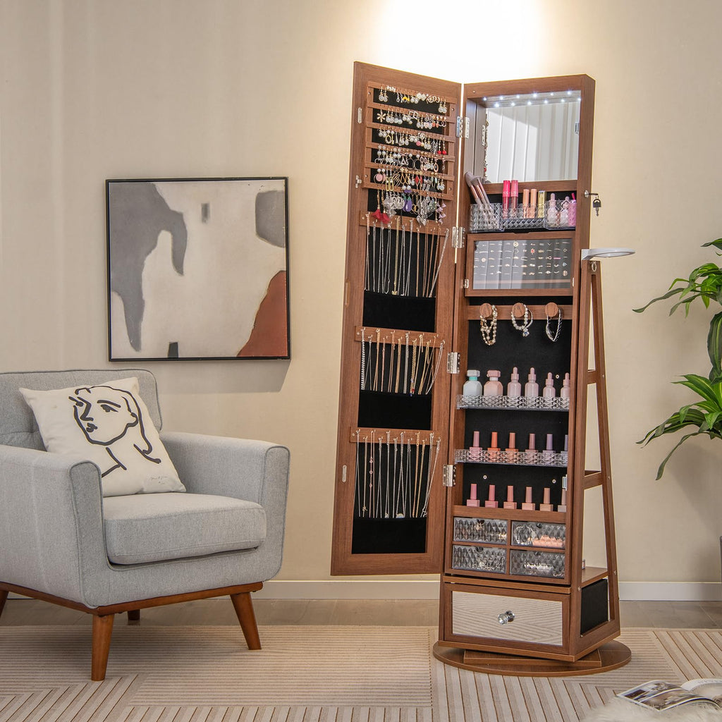 360 Rotating Jewelry Cabinet with Full Length Mirror, Standing LED Jewelry Armoire, Lockable Organizer with Hair