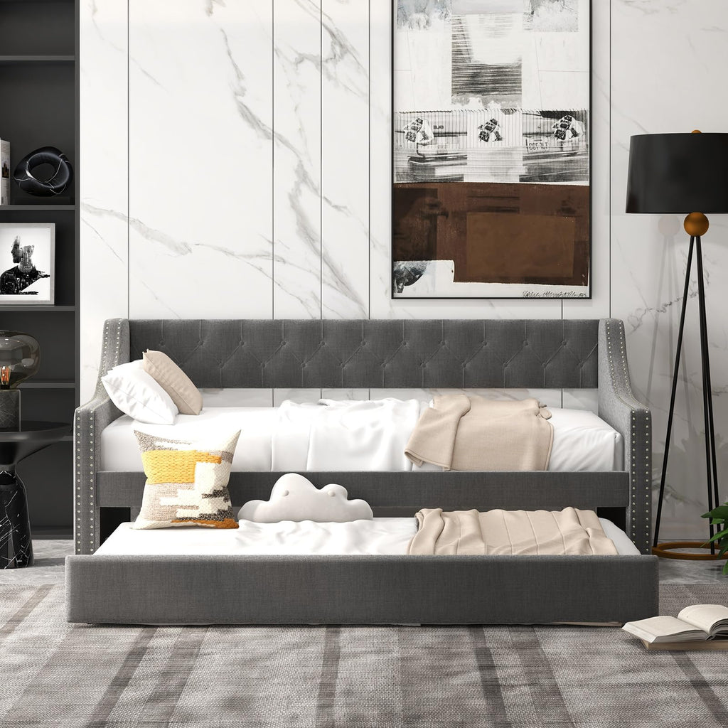Upholstered Twin Daybed with Trundle, Modern Trundle Bed with Button Tufted Backrest and Wooden Slat Support, Twin