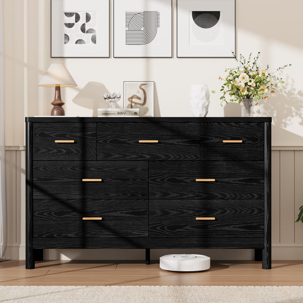 7 Drawer Dresser, Modern Wooden Storage Chest of Drawers, Black