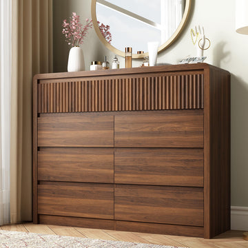 Walnut Fluted 9 Drawer Dresser, Curved Edge, 50" Wide