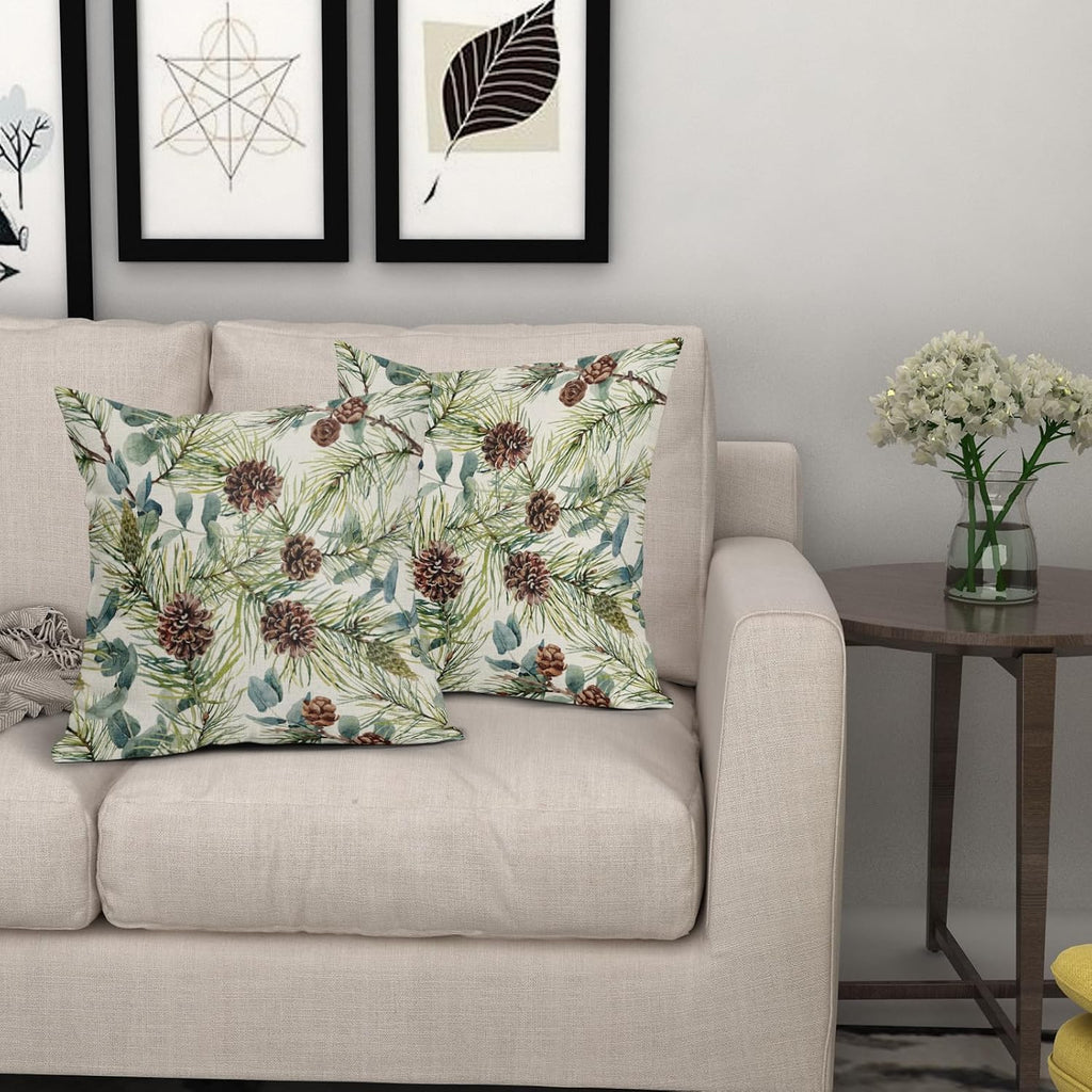Winter Floral Pillow Covers 18x18 Inch , Green Watercolor Flower Leaf Print Rustic Themed Christmas - Set of 2