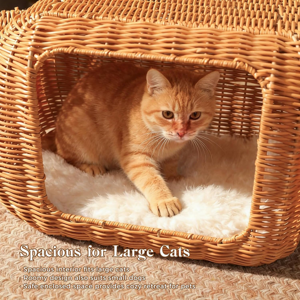 Elephant Shaped Rattan Cat Bed, Breathable Hand-Woven Wicker Cat Cave