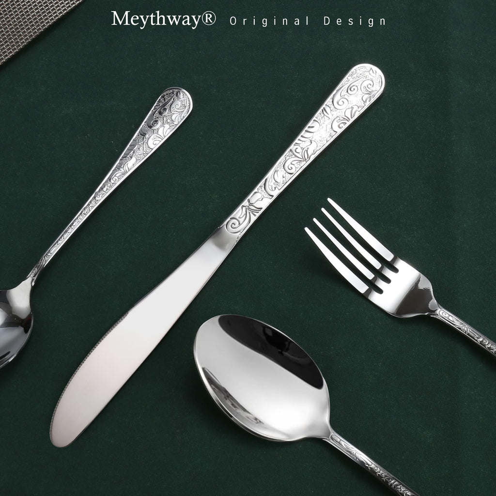 Vintage Carved Silverware Set for 8, Stainless Steel Flatware Set with Knife/Fork/Spoon, Cutlery Set