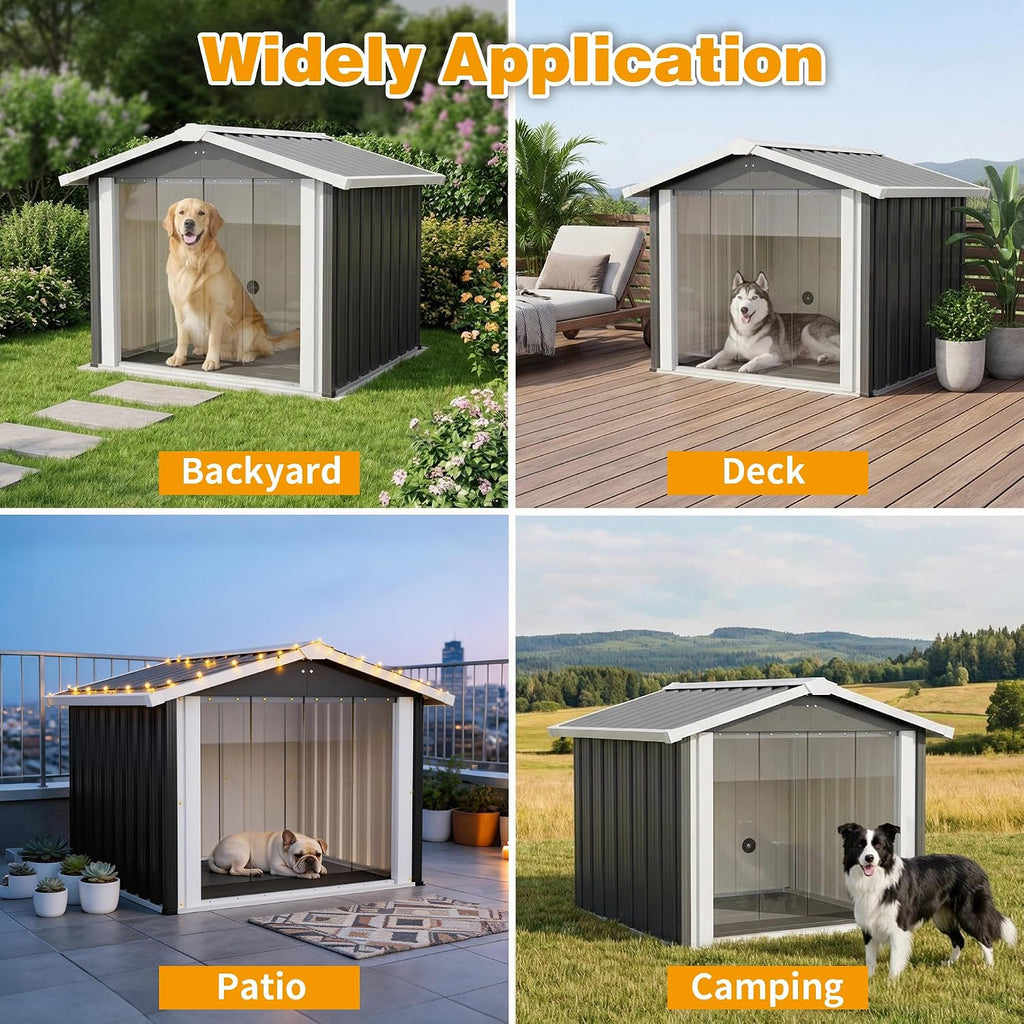 Metal Dog House for Large Dogs, Durable Waterproof Dog Kennel with Steel Frame, Removable Floor, Easy to