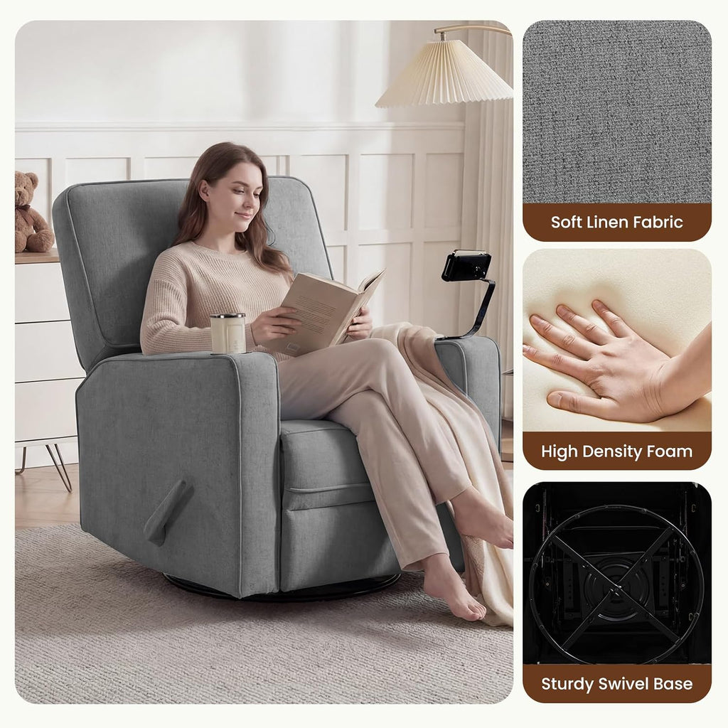 360° Swivel Rocker Recliner Chair with Adjustable Footrest, Rocking Chair Nursery with Phone Stand & Cup
