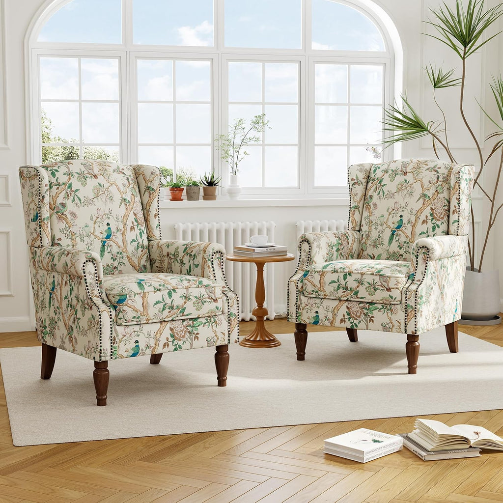 Wingback Accent Chair with Wood Legs, Bird, Set of 1 | High Back with Side Wings | Armrest Nailhead Trim | Solid Wood