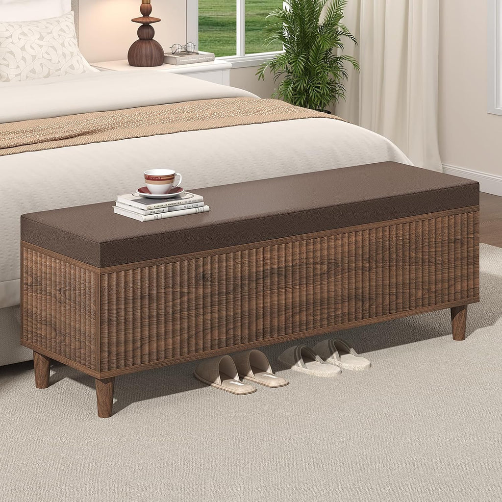 51" Storage Ottoman Bench, Fluted Wooden End of Bed Storage Bench with Leather Upholstererd, Mid-Century Modern