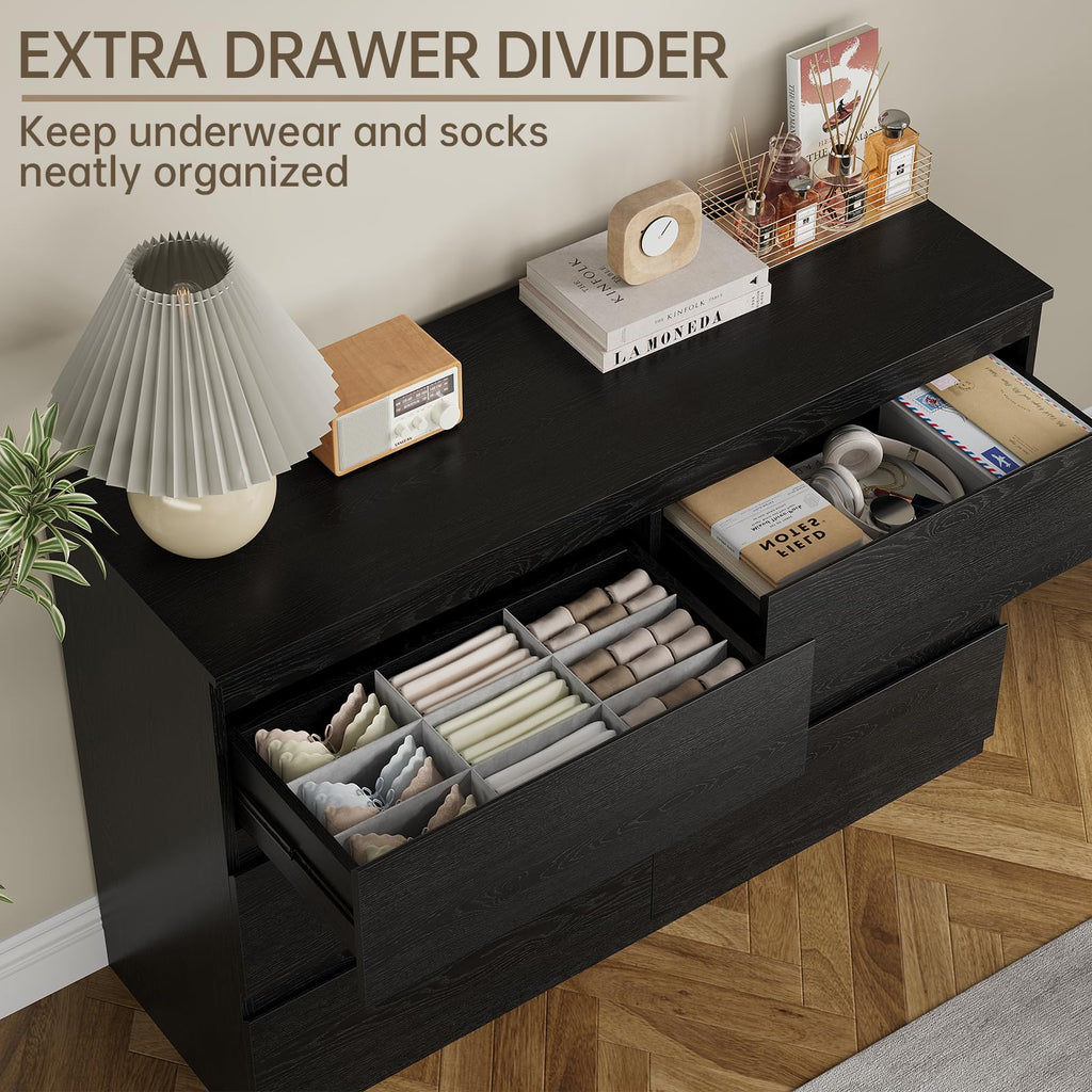 Black Wood Dresser 6 Drawer, 47" Wide Clothes Chest
