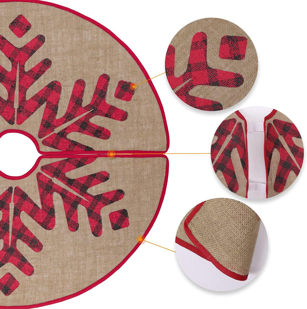 Christmas Tree Skirt, 30 Inch Rustic Burlap Tree Skirt with Large Black and Red Plaid Snowflake Printed Christmas