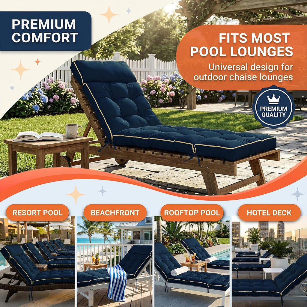 Chaise Lounge Cushion Outdoor, Memory Foam Replacement Patio Pool Lounge Chair Cushion with Ties for Outdoor