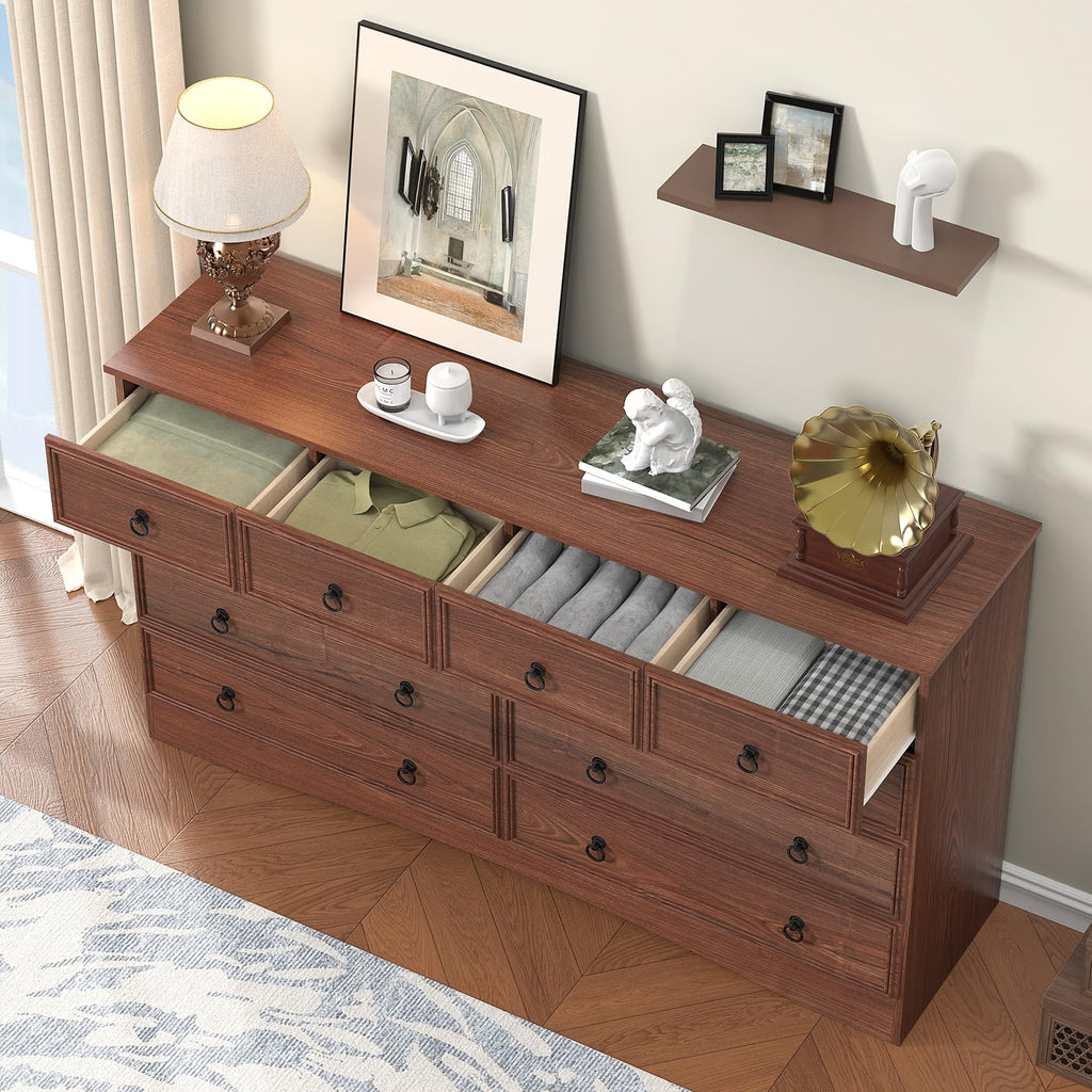With 10 Drawers, Large Chest of Drawers Storage Organizer, Long Storage TV Stand Cherry Wood
