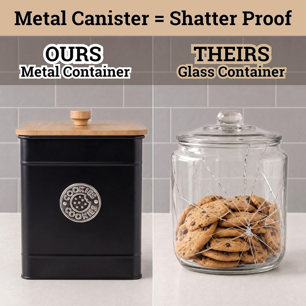 Cookie Jar with Airtight Bamboo Lid, 6"D x 8"H, 1 Gallon Iron Cookie Tin
