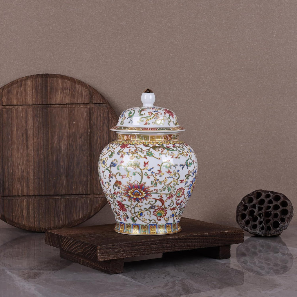 Enamel Ginger Jar with Lid 7.72"H,Handmade Chinoiserie Ginger Jar, Ceramic Vase Decor, Decorative Jar, Black or White