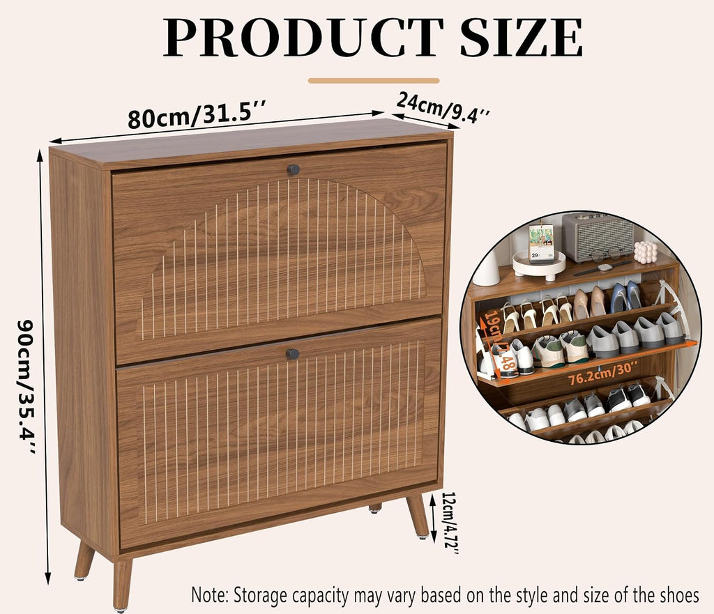 Shoe Storage Cabinet with 2 Flip Drawers, Narrow Wood Shoe Cabinet with Fluted Panel, Freestanding Hidden Shoe