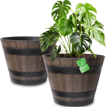 20 Inch Whiskey Barrel Planters 2 Pack, Large Plastic Pots with Wood Design