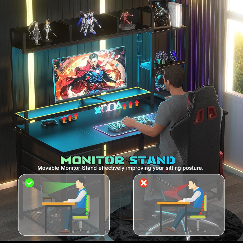 LED Gaming Desk with Hutch, 47.2'' Computer Workstation, Black