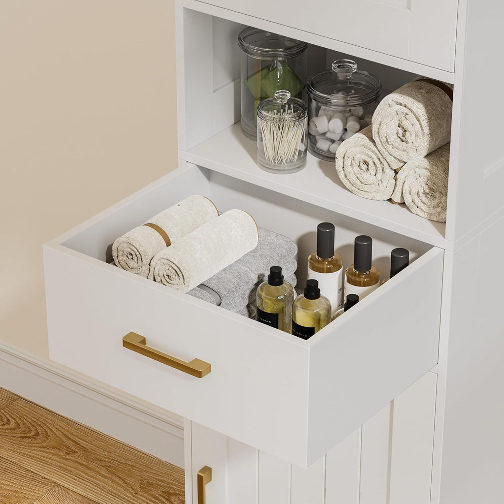67" H Bathroom Storage Cabinet, Tall Bathroom Cabinet, White | Narrow Cabinet with Doors and Drawer, Adjustable