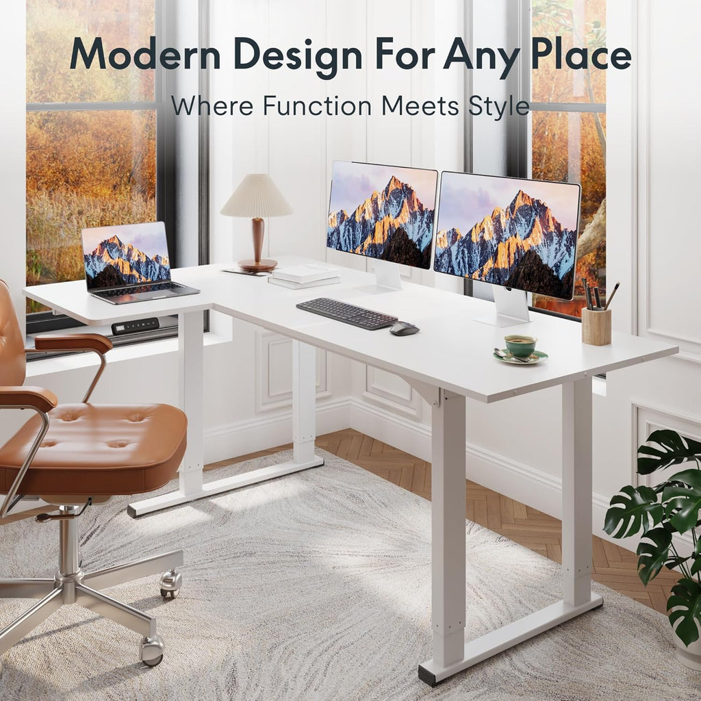 4-Leg L-Shaped Standing Desk, 71 x 43 Inches, White | Electric Height Adjustable, 220lb Load Capacity, Reversible L/R