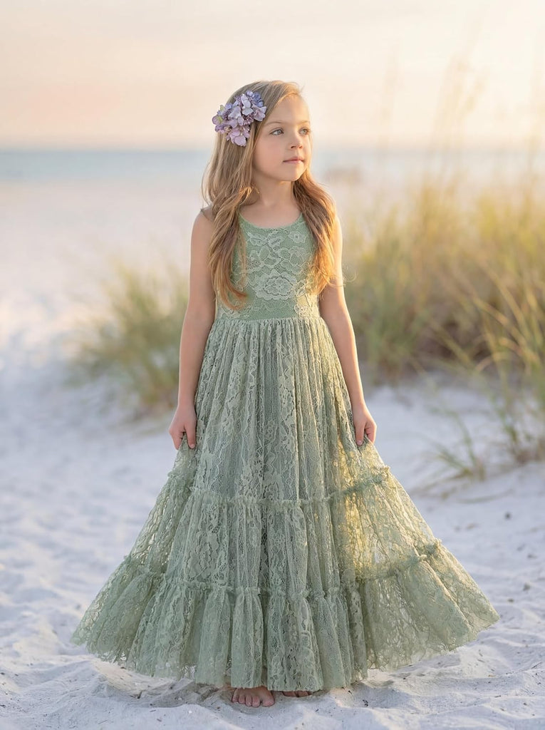 Flower Girl Dress Ruffle Lace Boho Toddler Dresses Sleeveless