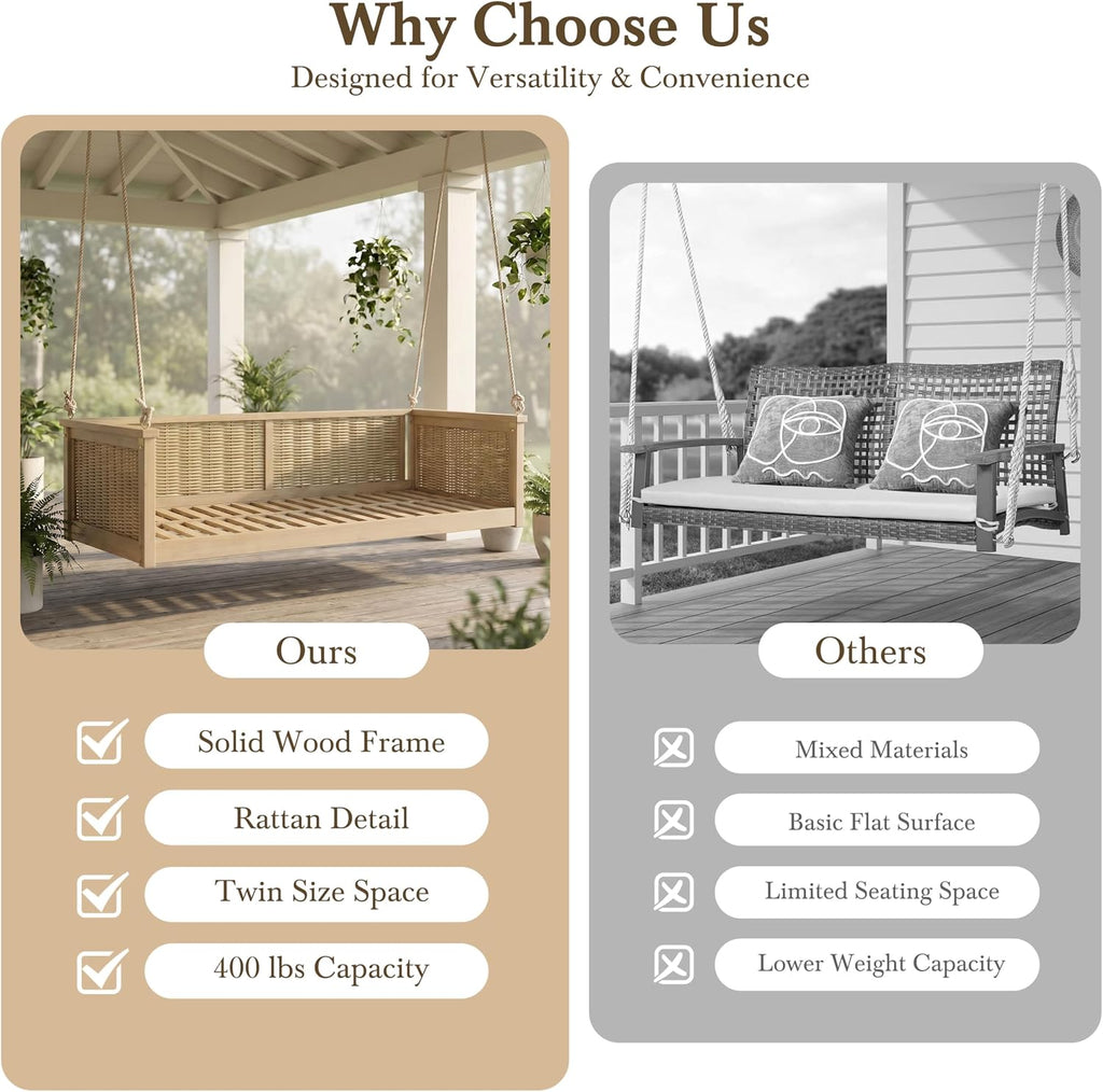 Twin Size Rattan Outdoor Swing Bed with Hanging Ropes, 350lb Capacity Porch Swing for Backyard, Poolside, Patio