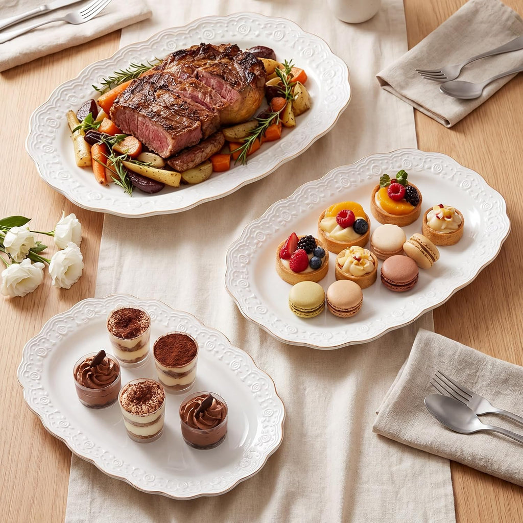 Ceramic Serving Platter Set | 14"/12"/10" Oval Serving Trays for Entertaining at Parties and Weddings | Oven Safe